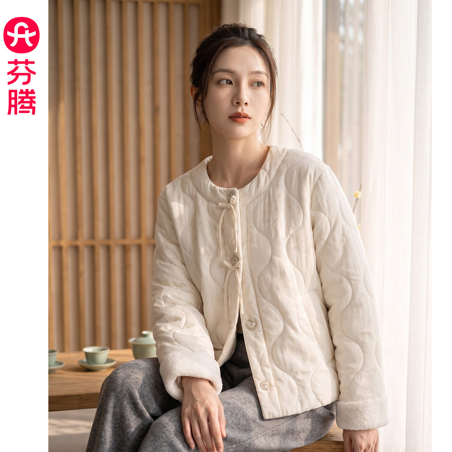 芬腾睡衣女梭织夹棉外套秋冬季加绒加厚家居服时尚可外穿女士上衣