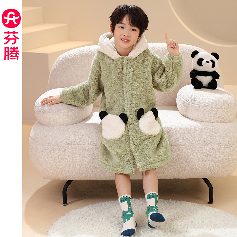 芬腾男童睡袍秋冬季珊瑚绒睡衣