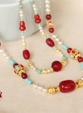 南簪录复古风珍珠红玛瑙项链唐敦煌璎珞新中式国风汉服战国袍配饰