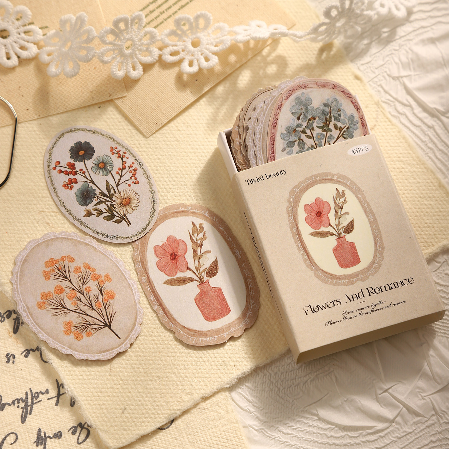 盒装复古花卉标本贴纸 花朵花瓶手帐日记装饰素材贴画包装封口贴