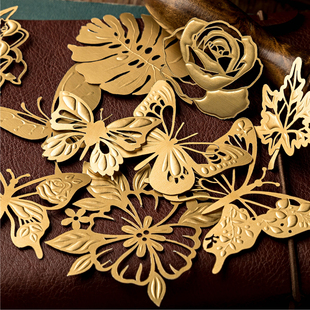 陌墨复古凸版 饰金色素材纸 浮雕镂空硬卡贴纸特种纸蝴蝶门窗手帐装