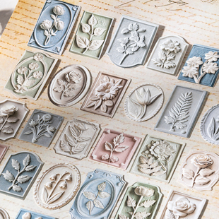 压花浮雕工艺纸质贴纸 文艺轻复古植wu花朵手帐装饰素材文具贴画