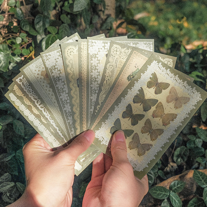 原创蕾丝蝴蝶诗系列素材纸 无粘性蝴蝶主题手帐拼贴装饰打底纸