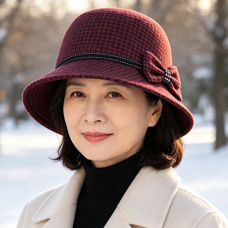 秋冬季中老年人帽子妈妈格纹盆帽毛呢加厚保暖礼帽渔夫帽老人奶奶