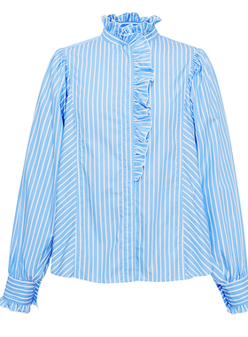 蓝白色条纹衬衫立领款木耳花边春夏女士衬衣手工制作复古宫廷款