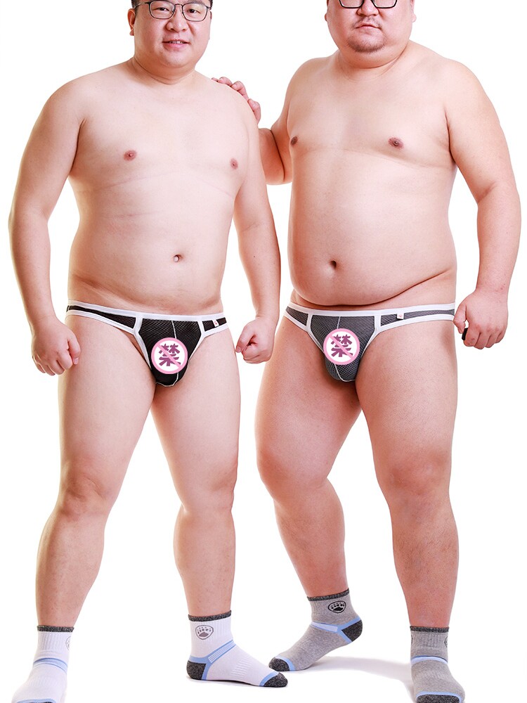 Super sexy tempting transparent mesh holes plus size plus fat fat hollow print men's briefs