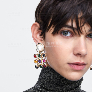 西班牙ZARA女装彩钻色人造宝石珍珠拼接耳坠耳环耳夹01856271303