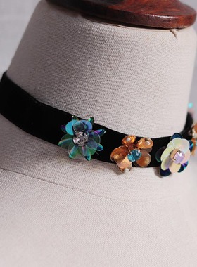 me and tru彩色亮片花朵黑色丝绒choker卡脖短项链