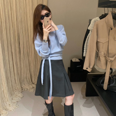 EASE-韩系高腰减龄压褶A字五分中裙半身裙(配腰绳)（含6羊毛