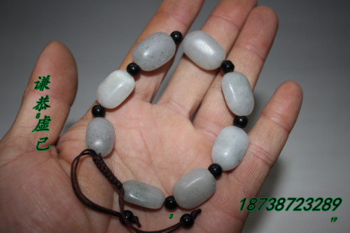 天然玉石手链 青海玉昆仑玉 白玉佛珠 桶珠手串 全手工编制可调