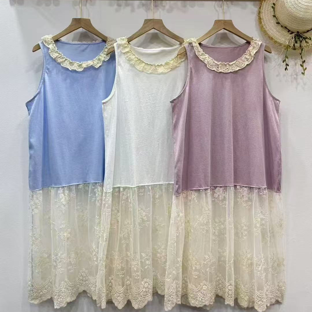 22396夏季女装新款森女系圆领蕾丝花边拼接宽松套头背心连衣裙女