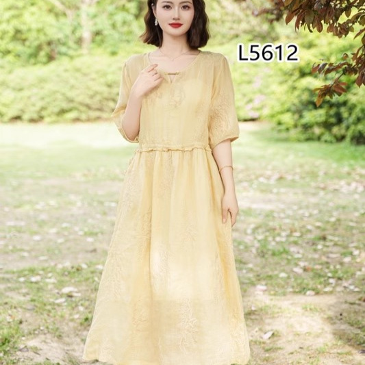 双层苎麻连衣裙木耳边大裙摆长裙