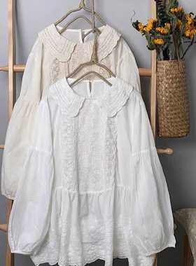 65-10日系森女镂空刺绣小领长袖衬衫百搭休闲减龄甜美高腰娃娃衫