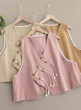 22986设计感森系V领百搭三粒扣全棉无袖马甲叠穿坎肩马夹无袖上衣