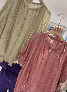 22691高级感镂空蕾丝拼接苎麻灯笼五分袖衬衫女薄款气质法式小衫