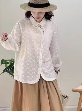 21148设计感彩扣偏襟森系减龄重工刺绣全棉长袖衬衫显瘦绣花衬衣