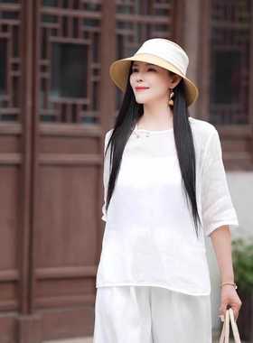 19128小莲~一粒手工盘扣精细纯苎麻小衫宽松纯色百搭上衣薄款罩衫