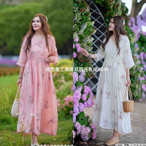 苎麻连衣裙汉服式满绣飘逸长裙女