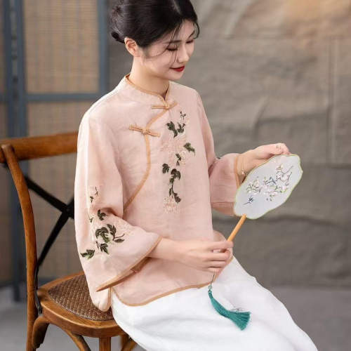 国风显瘦立领百搭衬衣禅意茶服女