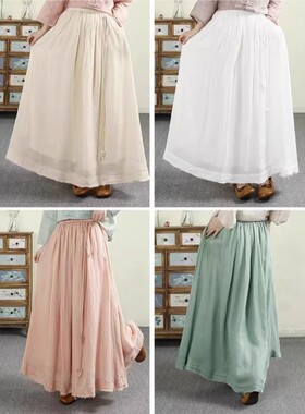小莲~22591松紧腰毛边流苏大裙摆双层苎麻半身裙飘带百搭A字裙女