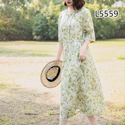 压褶包扣双层亚麻连衣裙复古国风