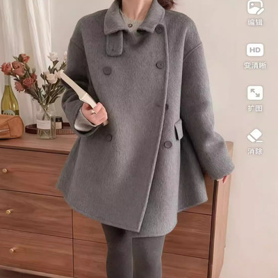 百搭中长款斗篷式双排扣毛呢外套