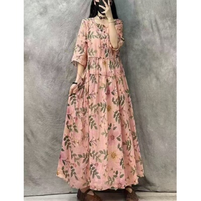 连衣裙数码印花显瘦减龄过膝长裙