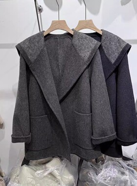 23525慵懒风无扣系带双面羊绒大衣大翻领海军领绵羊毛毛呢外套女