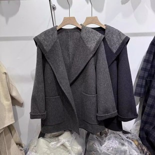 23525慵懒风无扣系带双面羊绒大衣大翻领海军领绵羊毛毛呢外套女