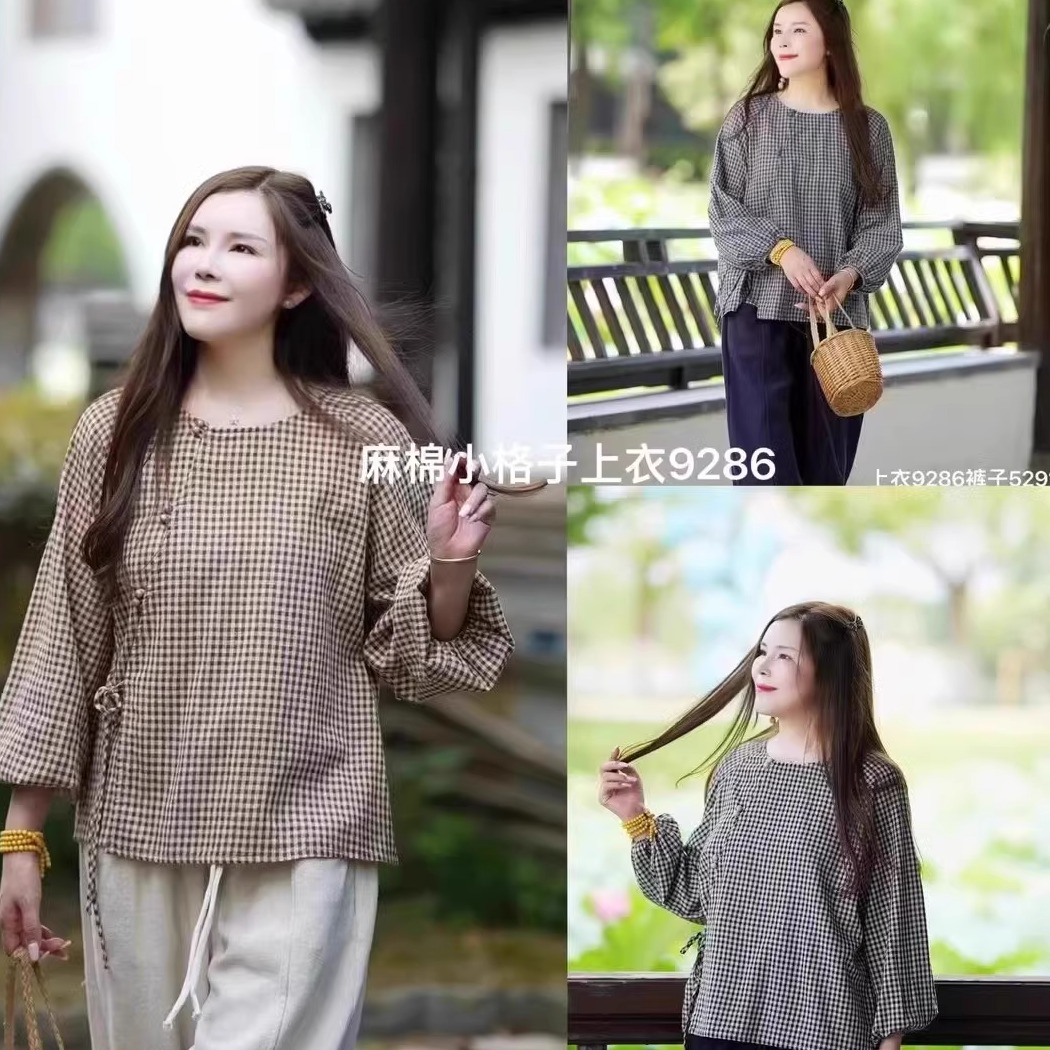 中式盘扣侧系带棉麻小衫小格子衫