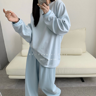 2025秋冬家居服横条磨毛睡衣女套装新款慵懒宽松保暖套头二件套