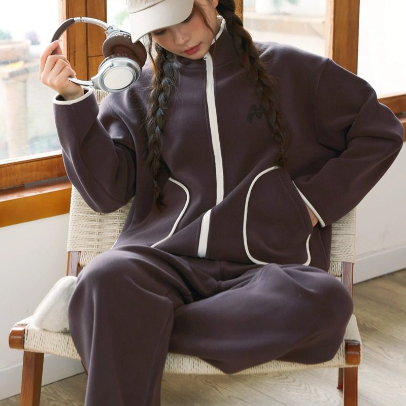 澳粒绒加绒保暖立领家居服女