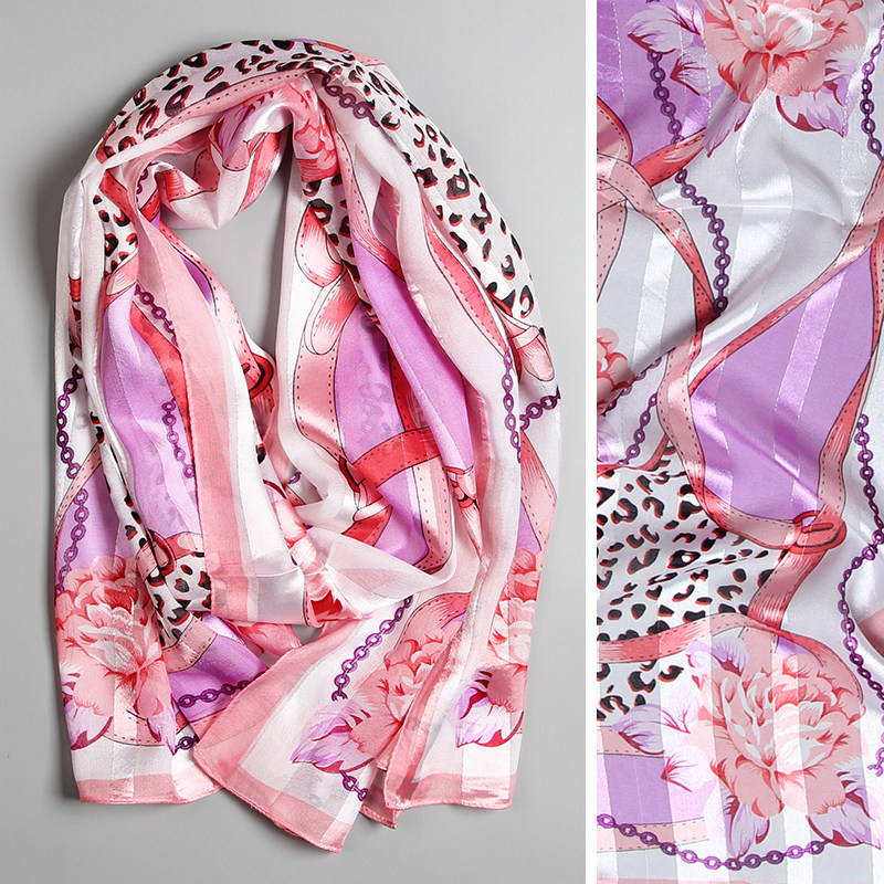 缎条绡碎花长款丝巾薄款围巾纱巾春夏秋冬季女士妈妈中年田园百搭