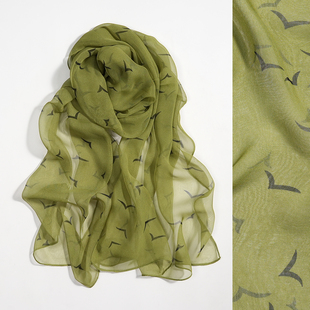 飞鸟橄榄绿薄长丝巾乔其纱巾春秋夏季百搭妈妈中年丝绸女防晒纱巾
