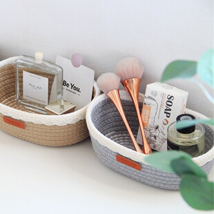 编织框收纳盒桌面杂物遥控器收纳筐玄关文具化妆品手工棉绳ins