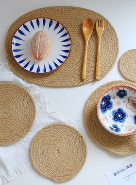 中式亚麻草编隔热编织餐桌隔热垫防烫垫杯垫锅垫家居用品复古碗垫