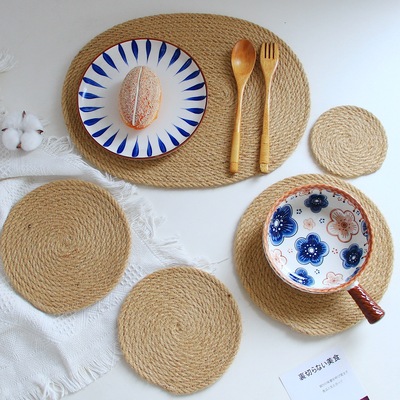 中式亚麻草编隔热编织餐桌隔热垫防烫垫杯垫锅垫家居用品复古碗垫