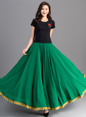 新款720度大摆雪纺半身裙金边新疆舞广场舞跳舞长裙红色黄色长裙