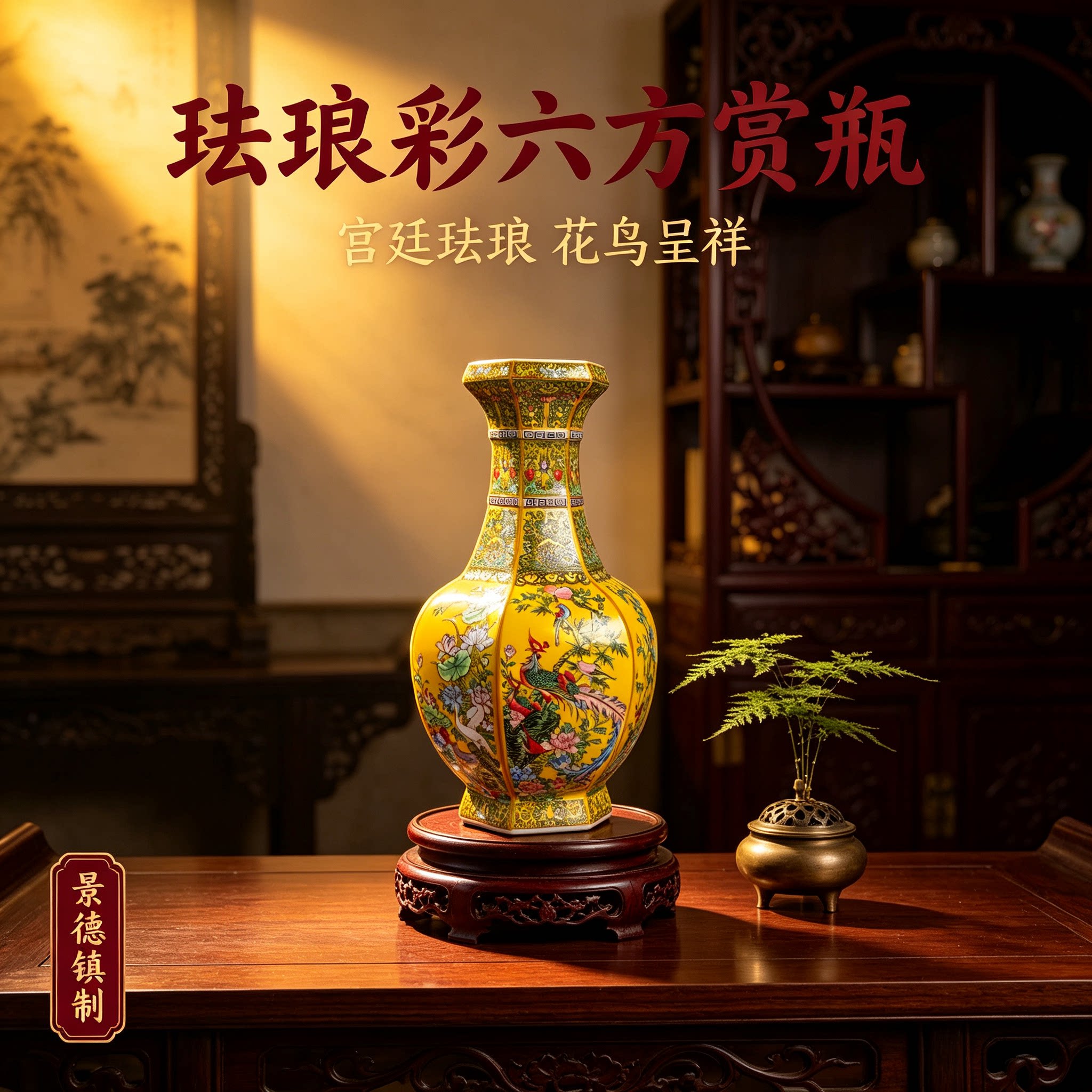 景德镇珐琅彩六方瓶花瓶摆件