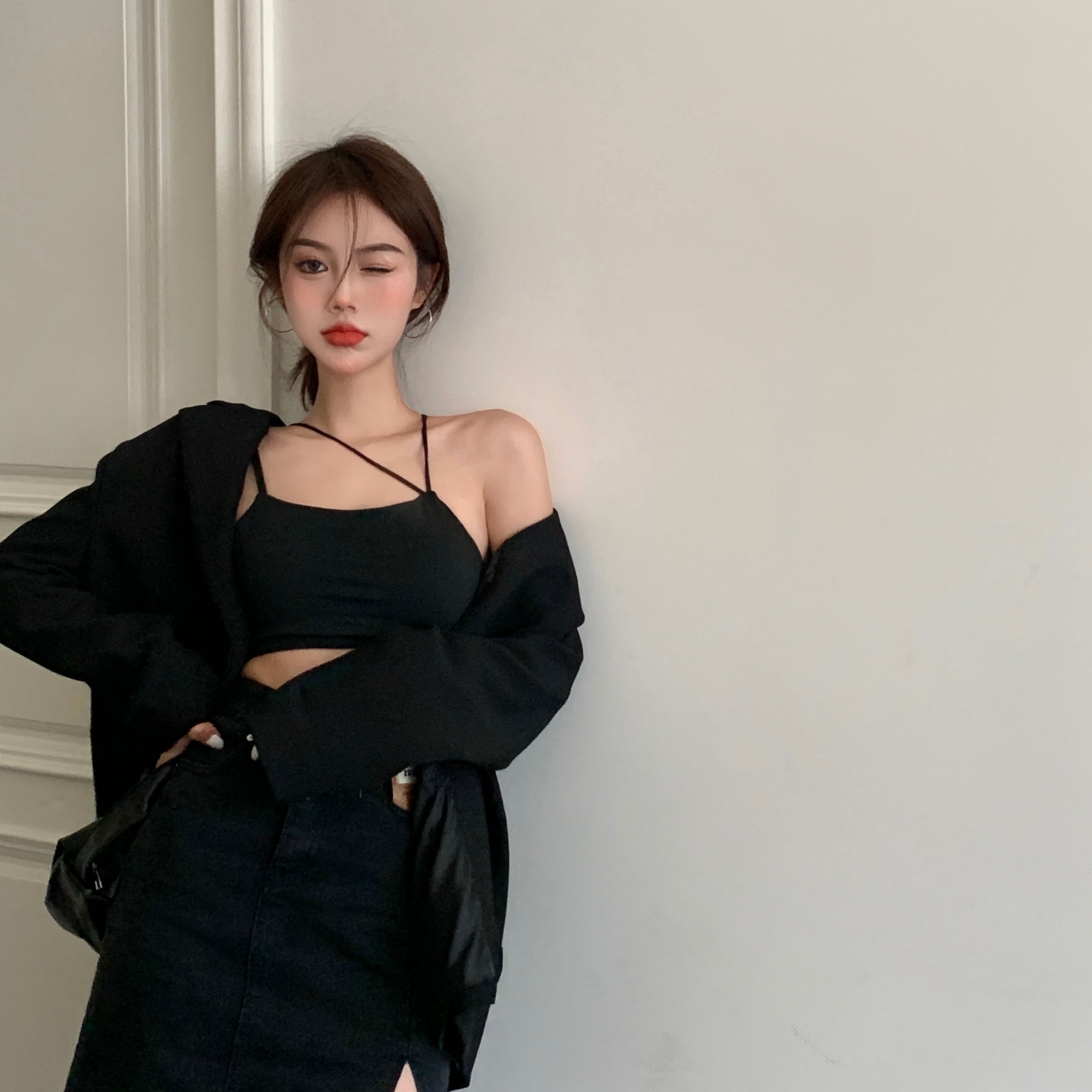 Korean version ins short suspender loose casual suit coat