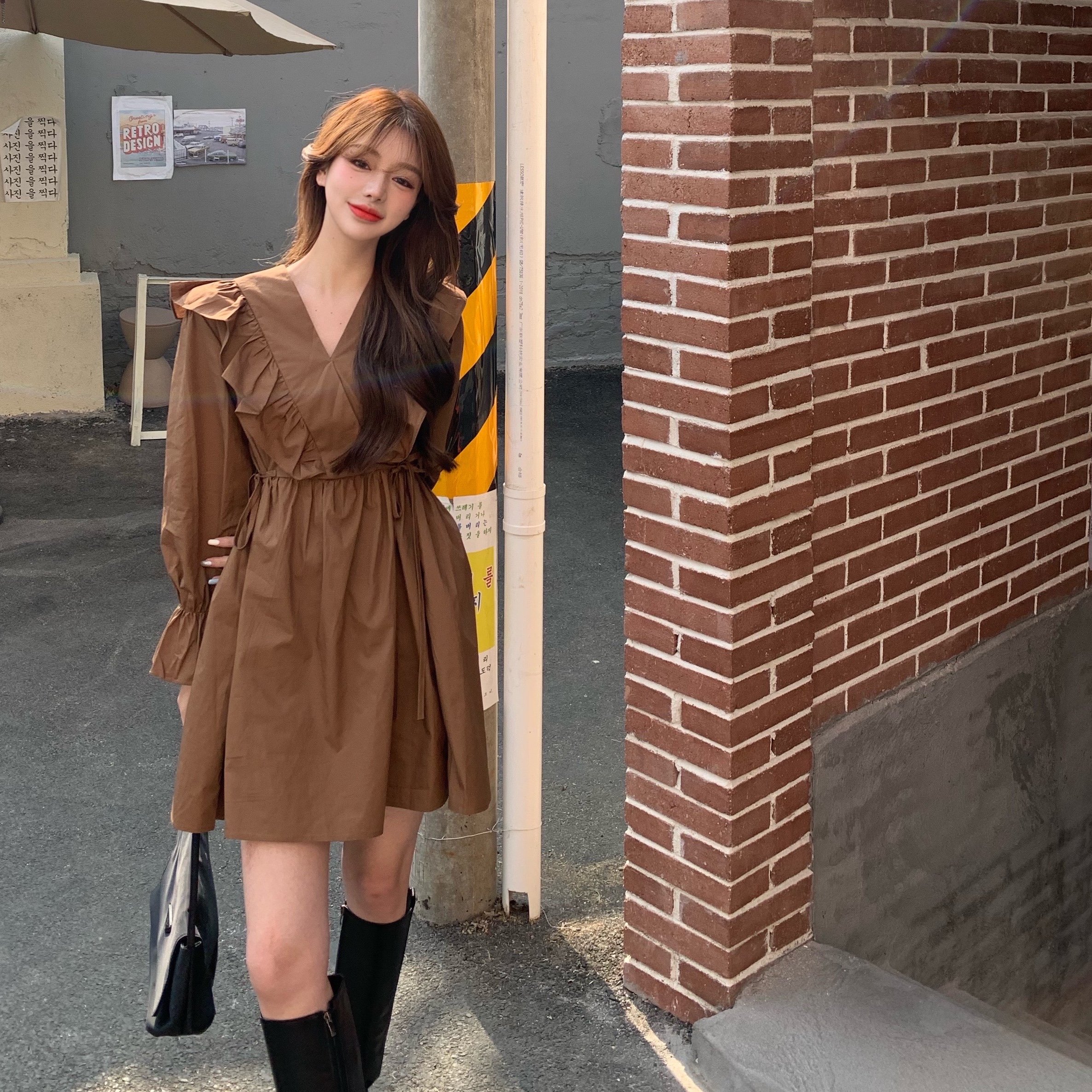 Real price does not reduce the Korean version of temperament close waist show A-line shirt skirt simple dress