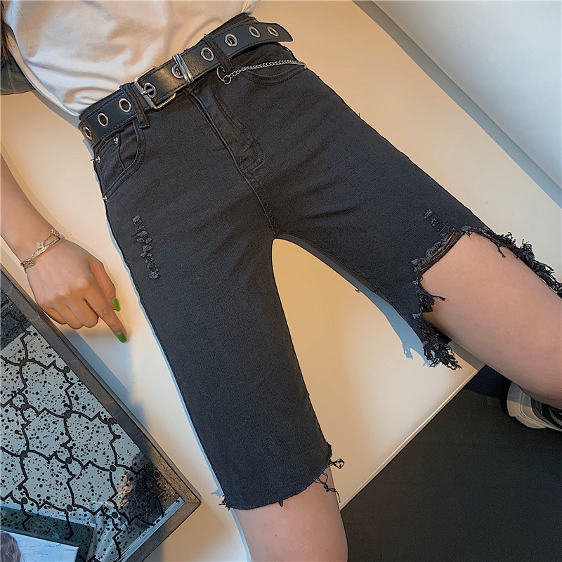 Real shot high waist, broken hole, tight and elastic, irregular middle pants show thin, 5-point pants