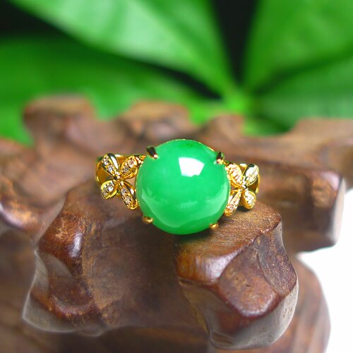 天然缅甸A货翡翠老坑18K金镶冰润满绿阳绿蛋面戒指玉戒圈有证女款