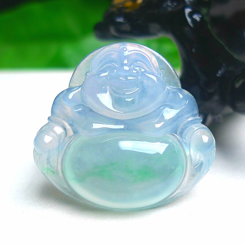 天然缅甸A货翡翠老坑冰种起胶飘绿佛公吊坠玉挂件带证书笑佛坐佛