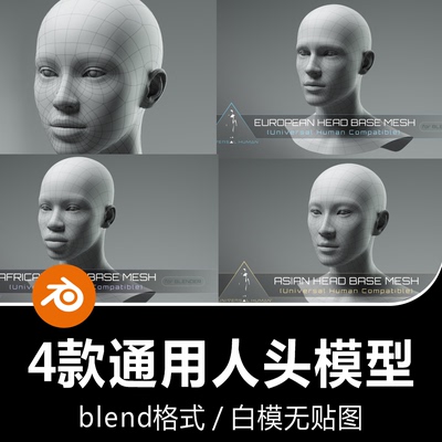 Blender亚洲人欧洲人非洲人种通用人脸人头4款3D模型素材