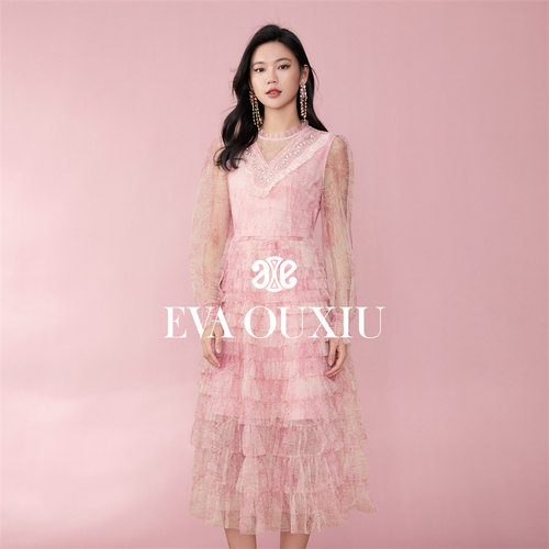 伊华欧秀高腰网纱连衣裙