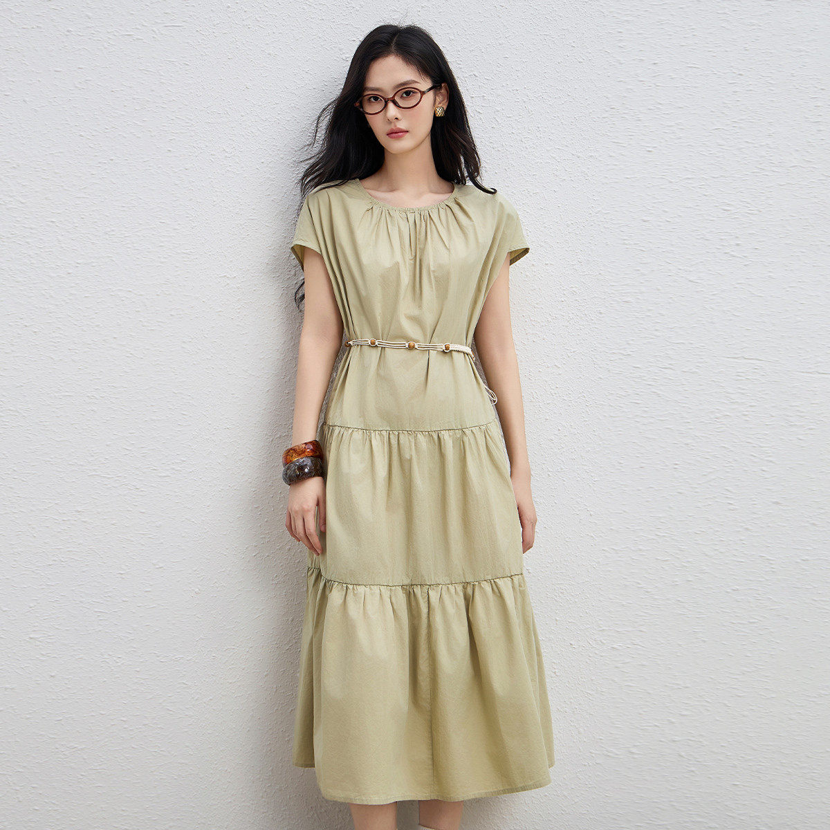 简约A字裙棉纯色OUXIU/欧袖