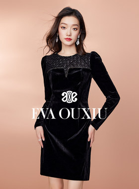 【限时直降】伊华欧秀法式千金风丝绒连衣裙女小黑裙E35ZQ0976