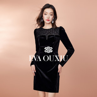 【直降】伊华欧秀法式千金风丝绒连衣裙女小黑裙E35ZQ0976