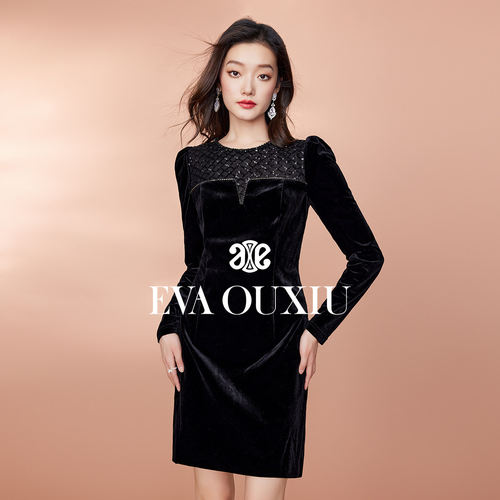 【限时直降】伊华欧秀法式千金风丝绒连衣裙女小黑裙E35ZQ0976